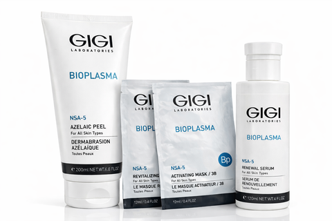 'Bioplasma Behandlungsset Inhalt:  1x Bioplasma Azelain Peeling Gel, 1xBioplasma Hautverjüngendes Serum, 10x 20 ml Bioplasma Revitalisierende Maske, 10x 20 ml Bioplasma Aktivierungsmaske'